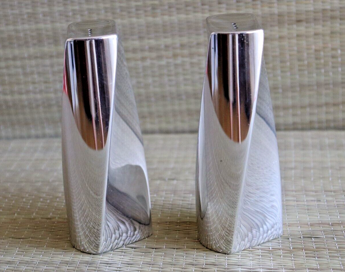 Rare Nambe Salt/Pepper Shakers Modern Helix Shape Designed by Fred Bould-2004