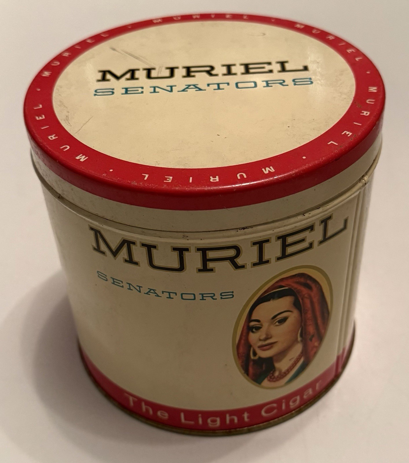 Vintage, Muriel Senators, The Light Cigar Round Tin, Empty, 5” Tall, 5.5” Diam.