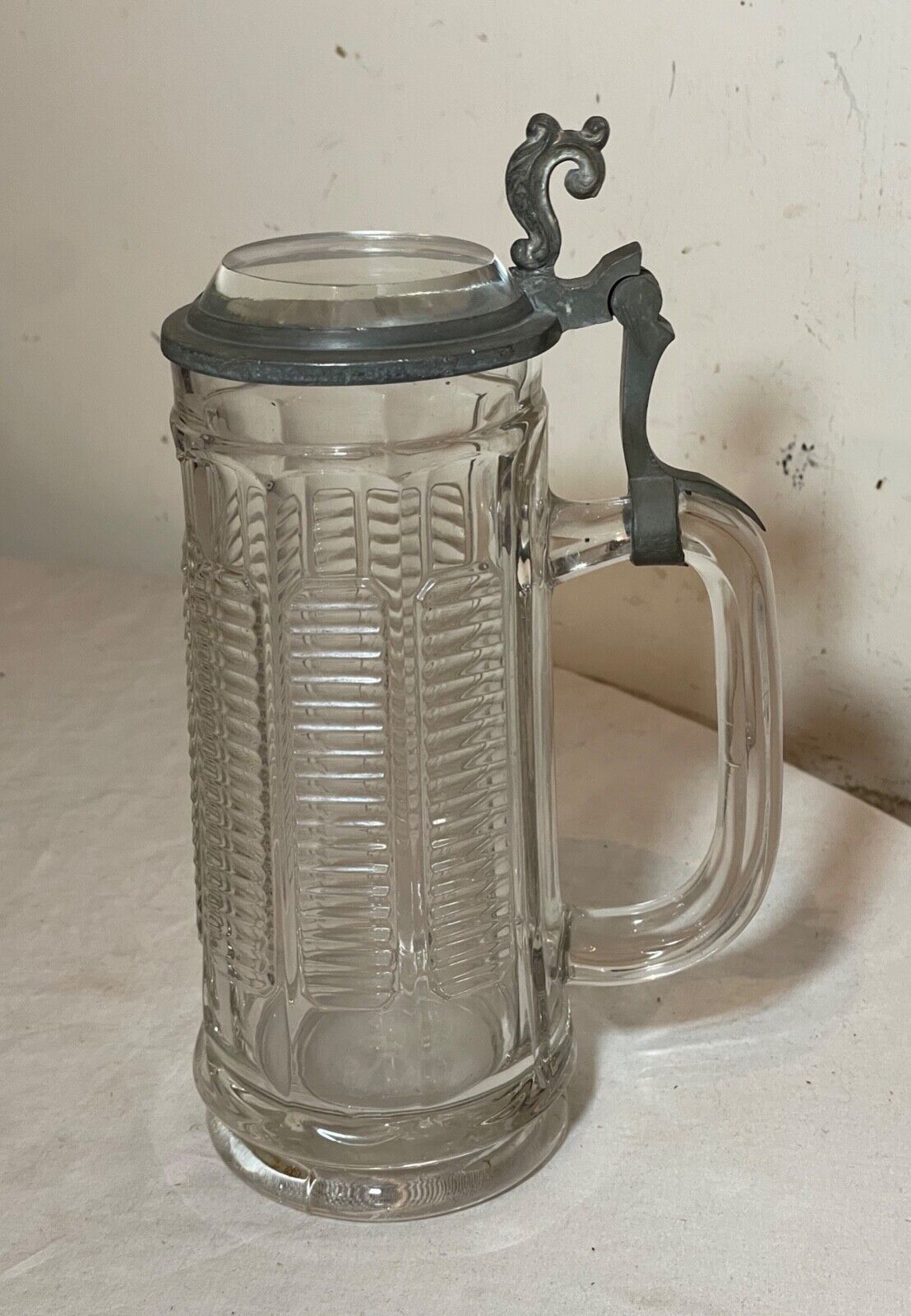 large antique 1800's clear glass pewter German lidded beer stein mug pitcher