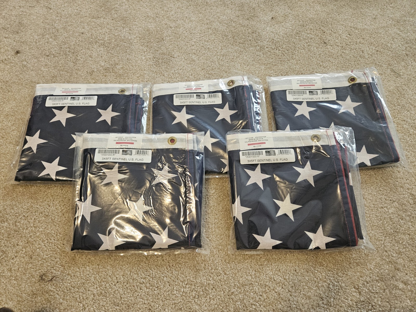 Five (5) 3x5 ft SENTINEL U.S. Flags in Packaging - Made in USA