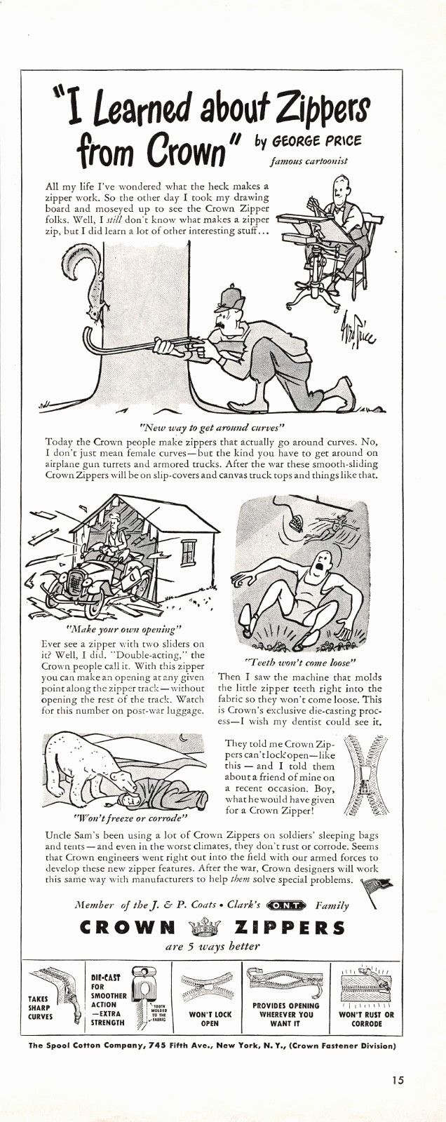 Crown Zippers George Price Cartoon Humor Illustrated Story 1944 Vtg Mag Print Ad