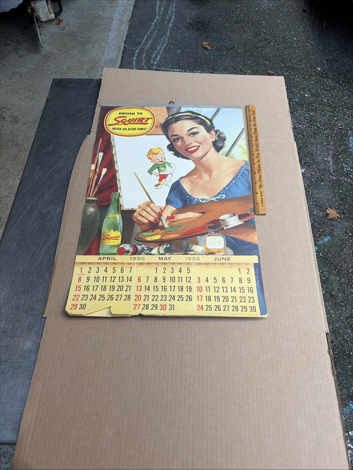 Vintage 1956 Squirt Soda Advertising Calendar Sign Apr-Dec Pinup  20” x 13”