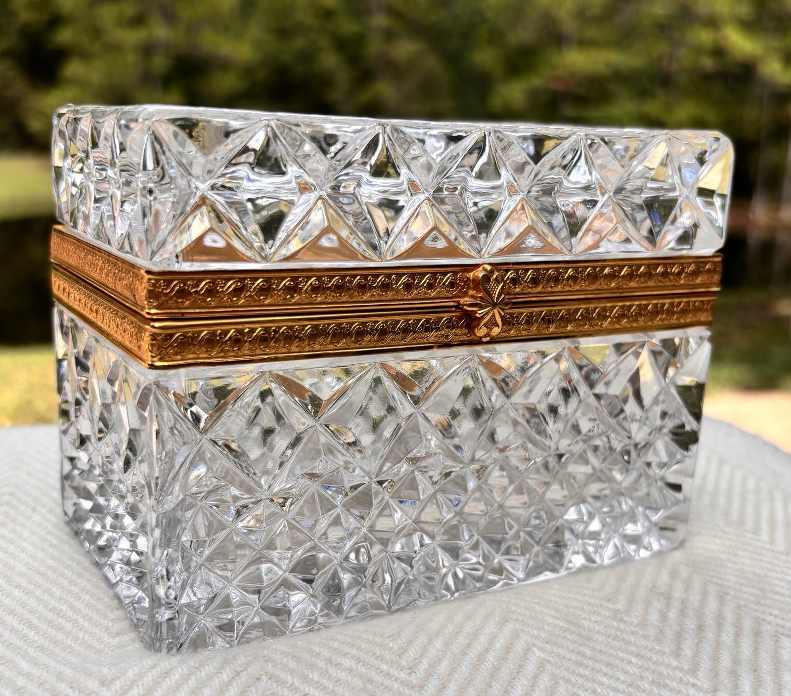 Vintage Cut Crystal Jewelry Casket Box Gilt Brass Hinged Trinket Starburst