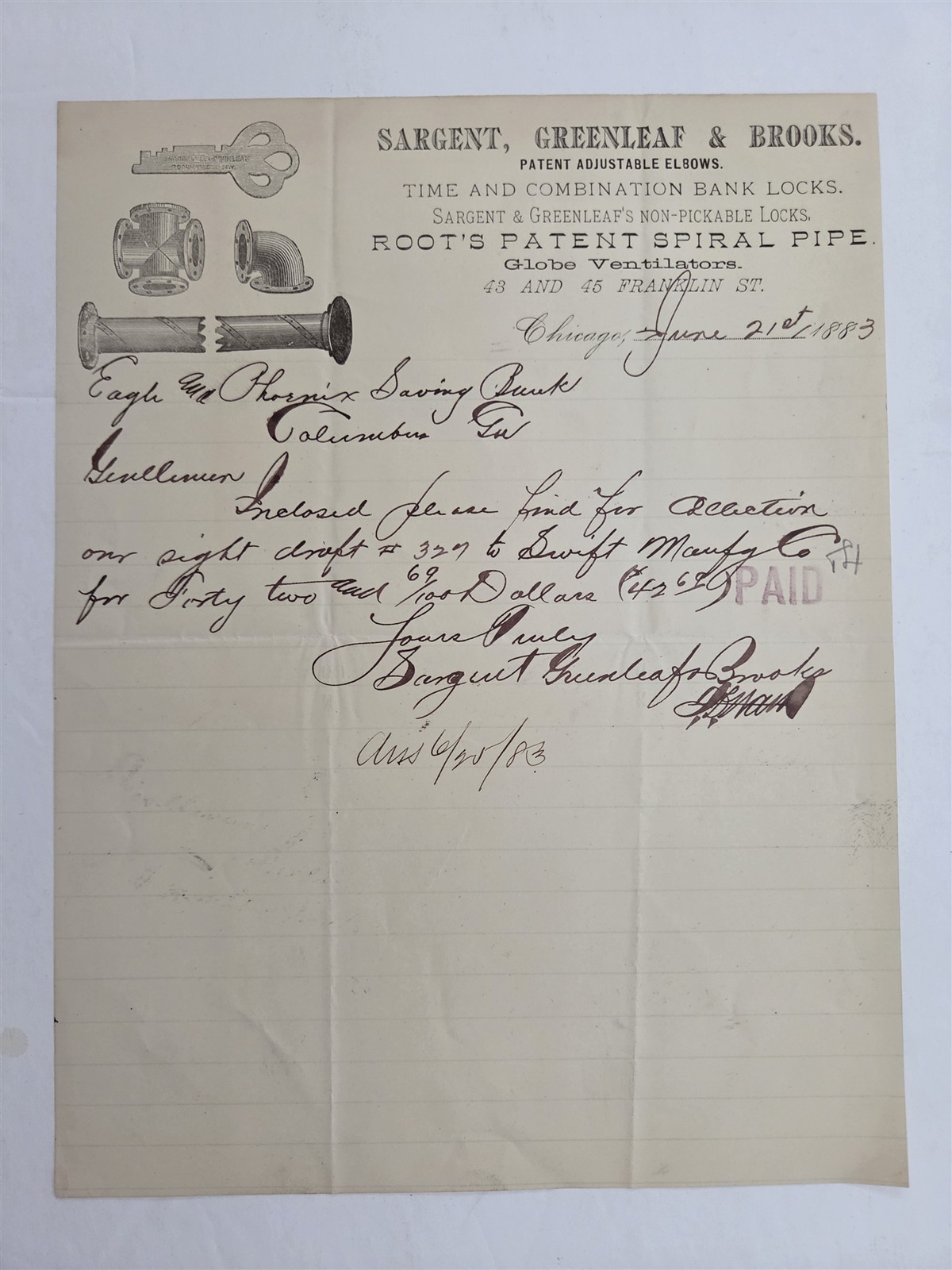 1883 antique SARGENT GREENLEAF & BROOKS chicago BANK LOCKS LETTER Phoenix Bank