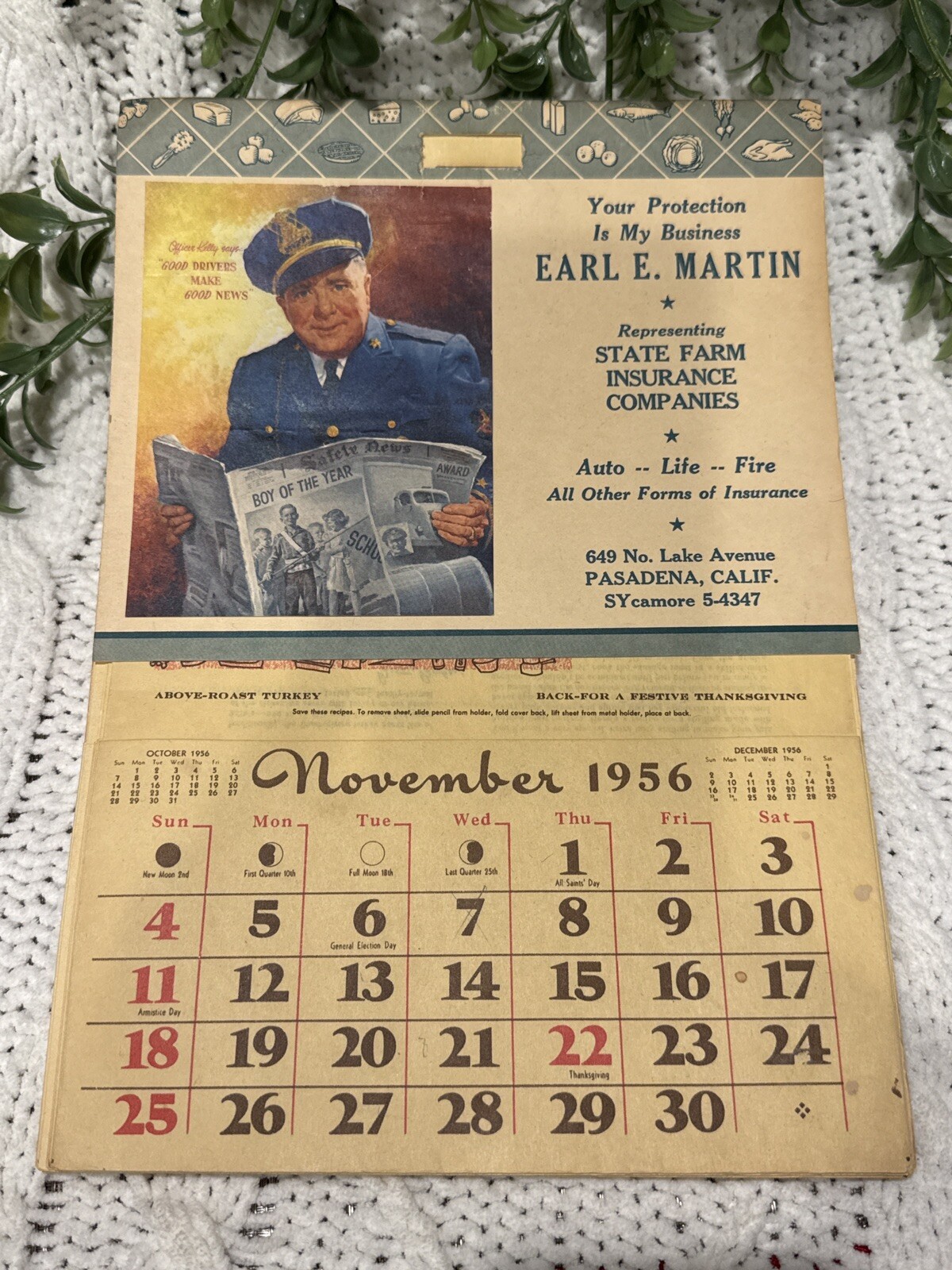 Vintage 1956 Calendar BettyBaker Cooking Club Recipes+State Farm Insurance Promo