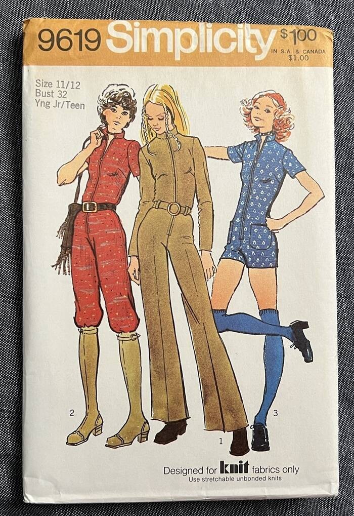 Vintage 1970s Simplicity Pattern 9619 Junior' JUMPSUIT in 3 Lengths 11/12 Retro