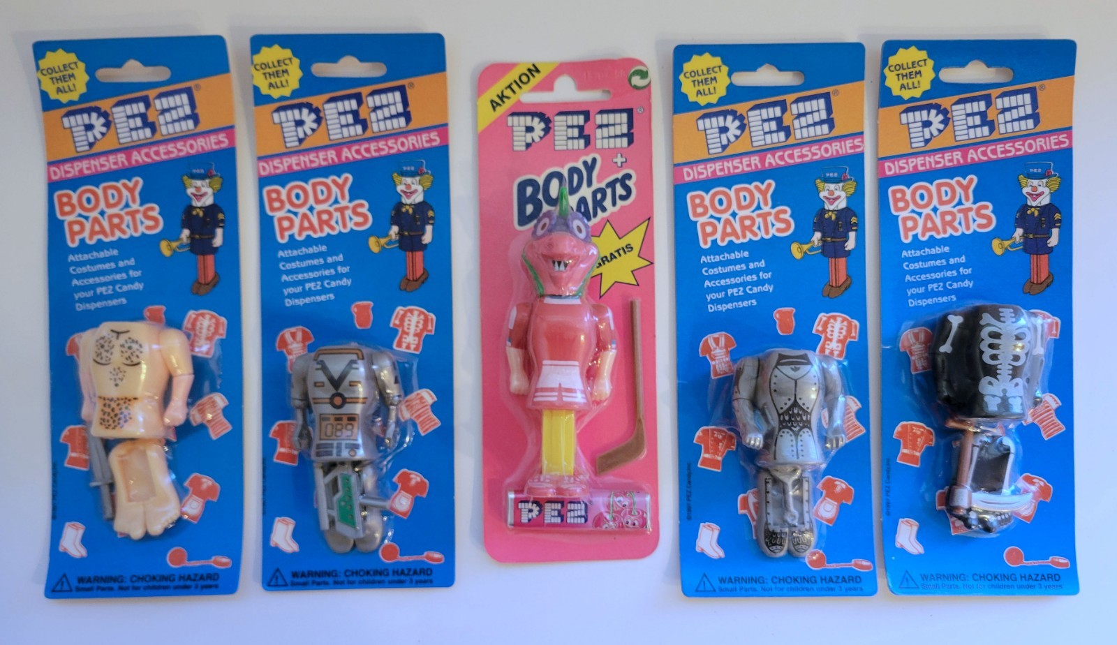 Pez  - Body Parts - Set of 5 - Tarzan Robot Skeleton Knight Hockey - New on card