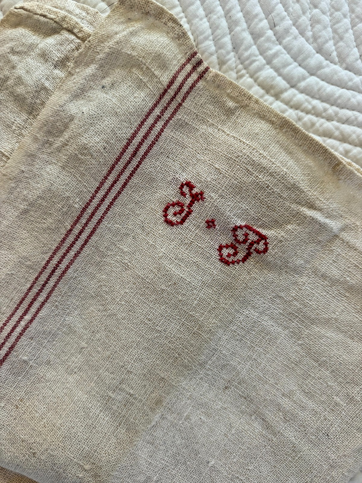 Antique Textile Loomed Linen Cotton Towel Embroidered Red White Ticking Initials