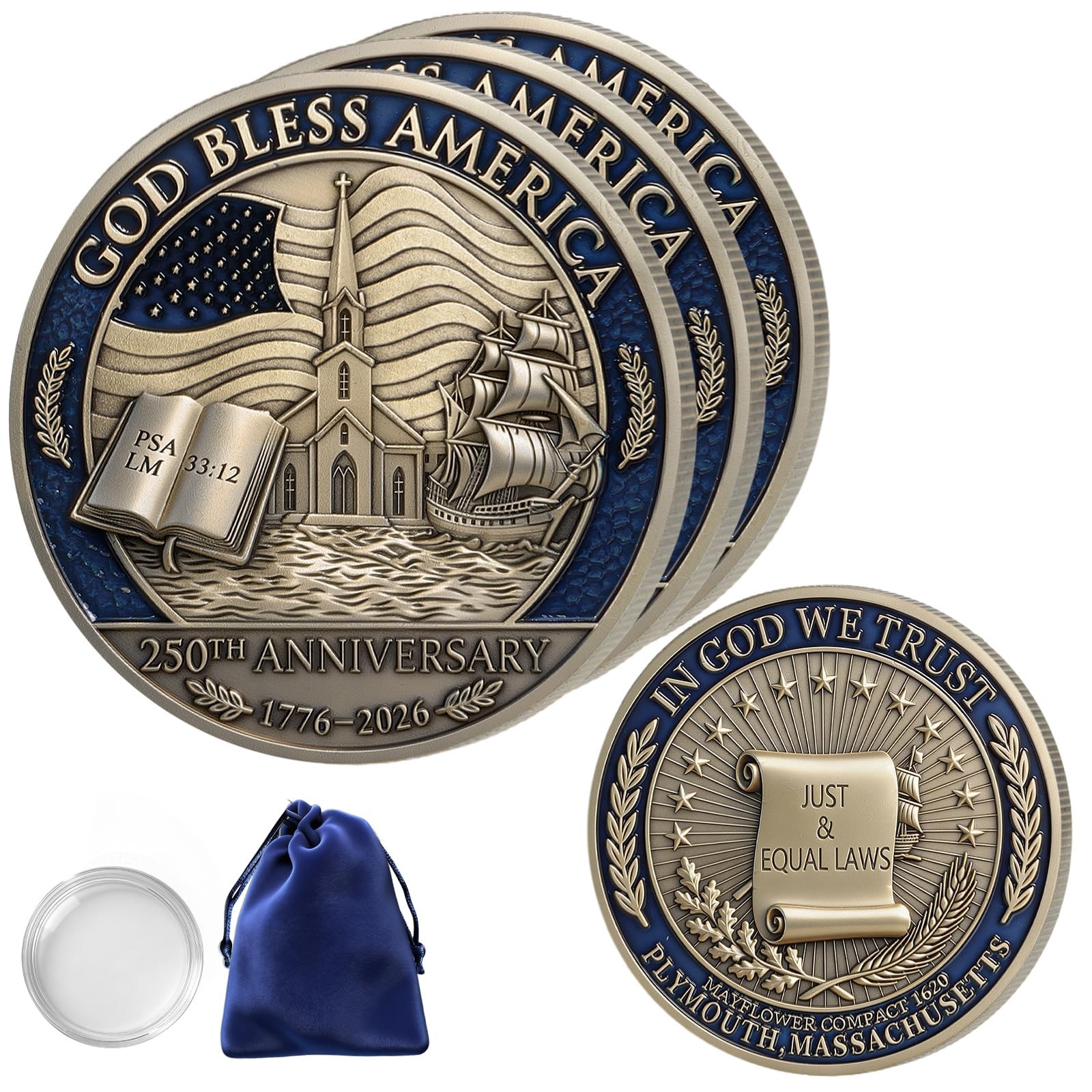 3PCS USA 250th Anniversary Christian Commemorative Coin 1776-2026, God Bless ...