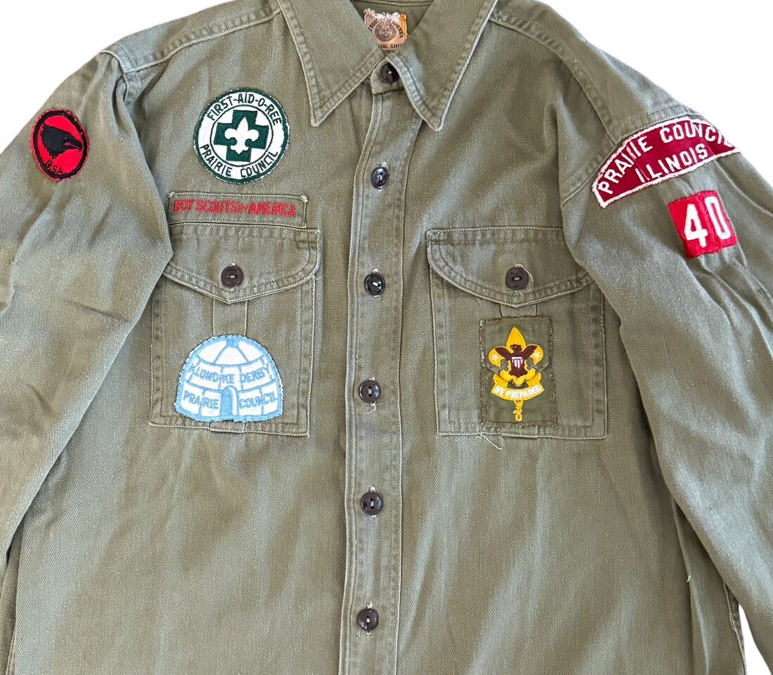Vtg 50s Boy Scouts Of America BSA Prairie Council Illinois Green Uniform Shirt
