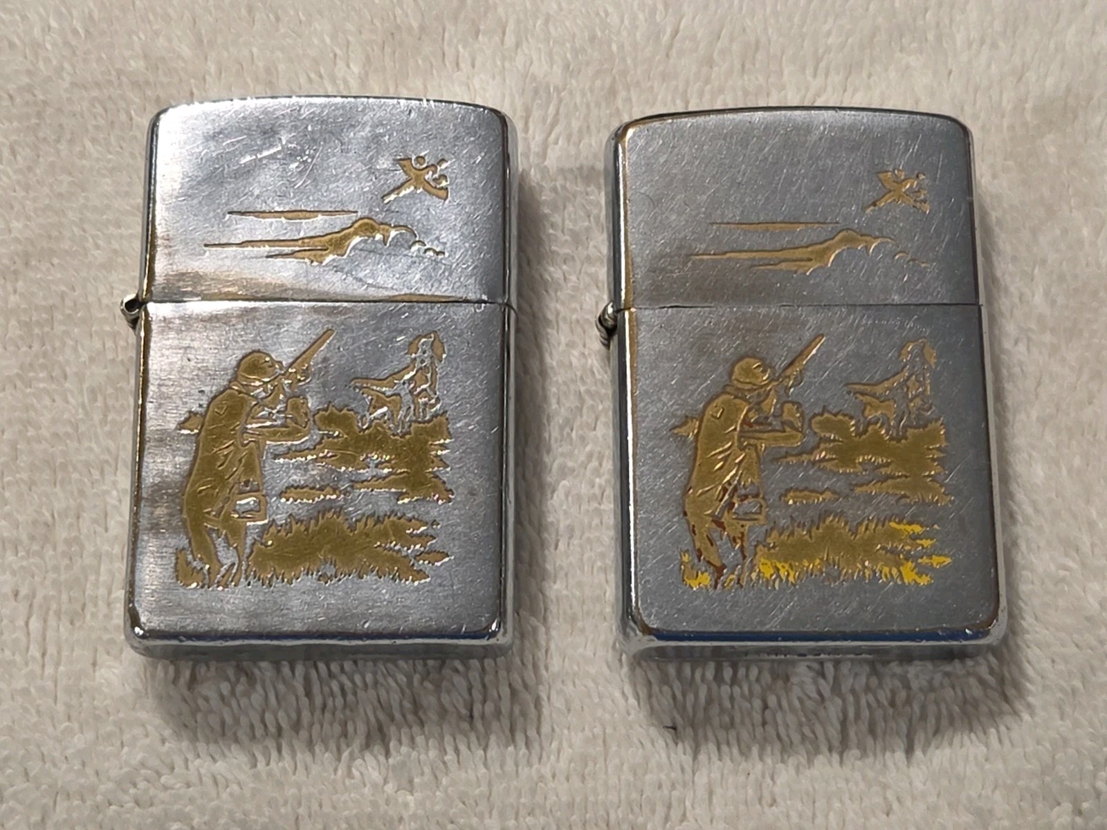 Vintage LOT OF TWO Zippo Lighters Hunter With Dog Scene Pat 2517191 Rare