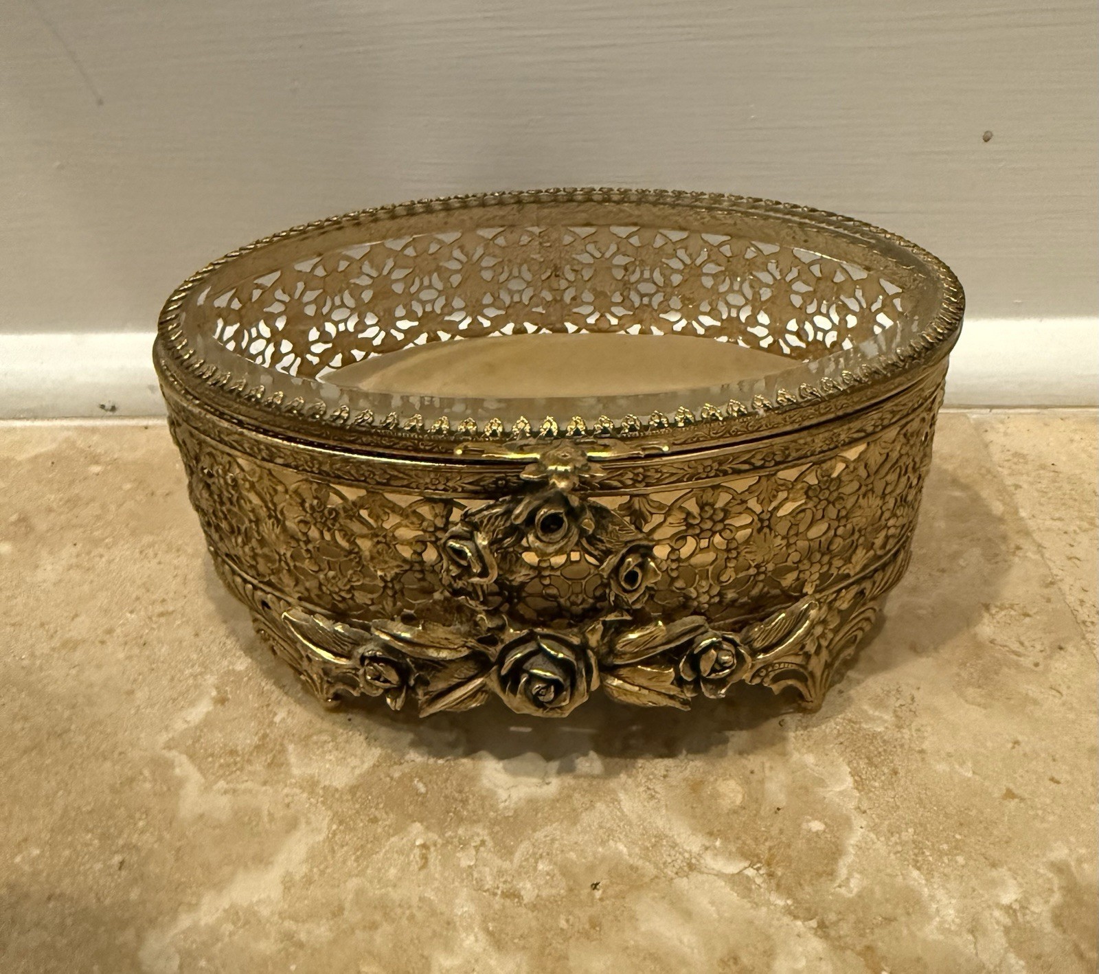 Vintage Jewelry Casket Box Glass And Filigree