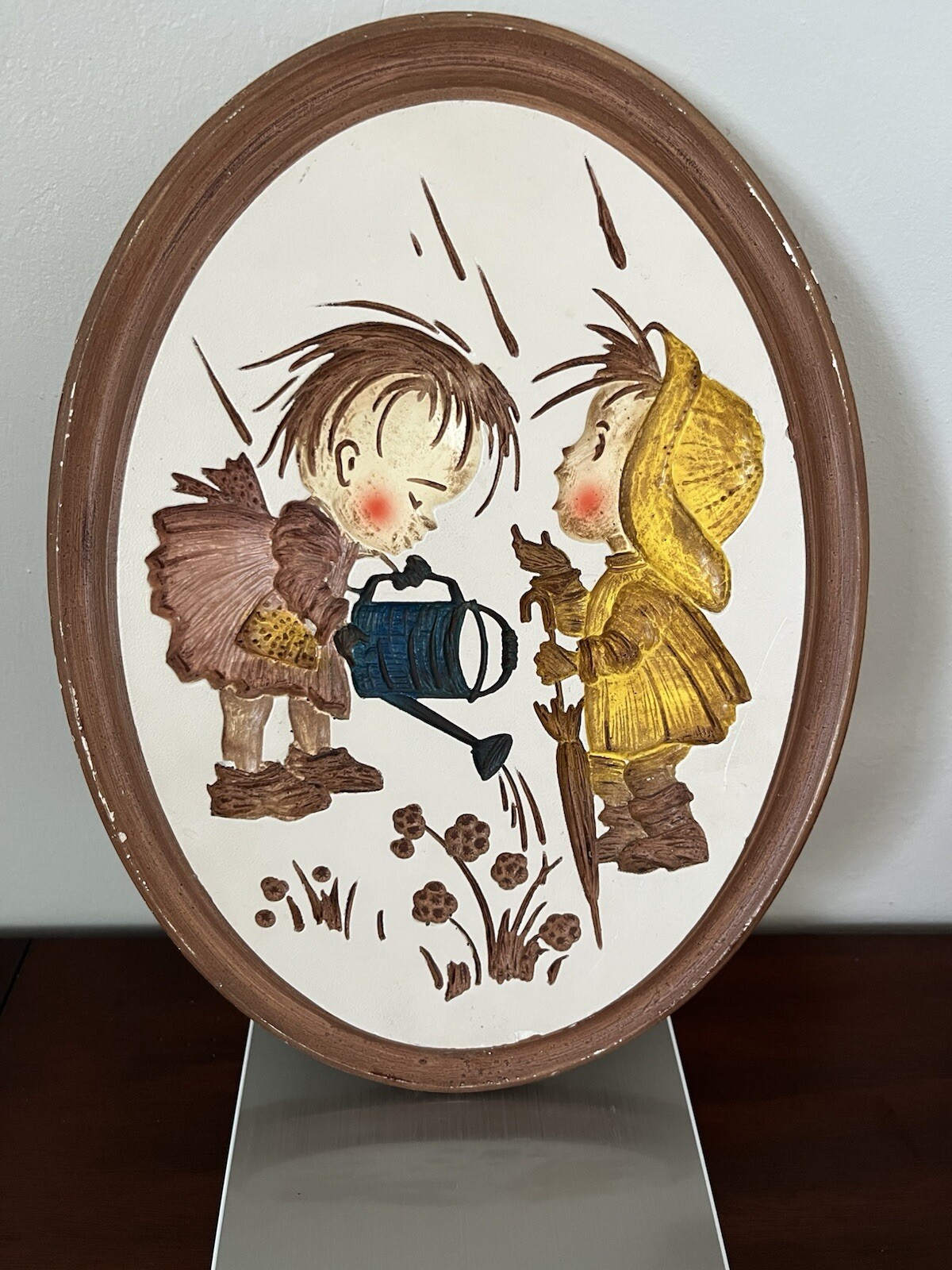 Plaster “Wood” Carved Wall Hanging- Children Gardening - Vintage Cottage Core