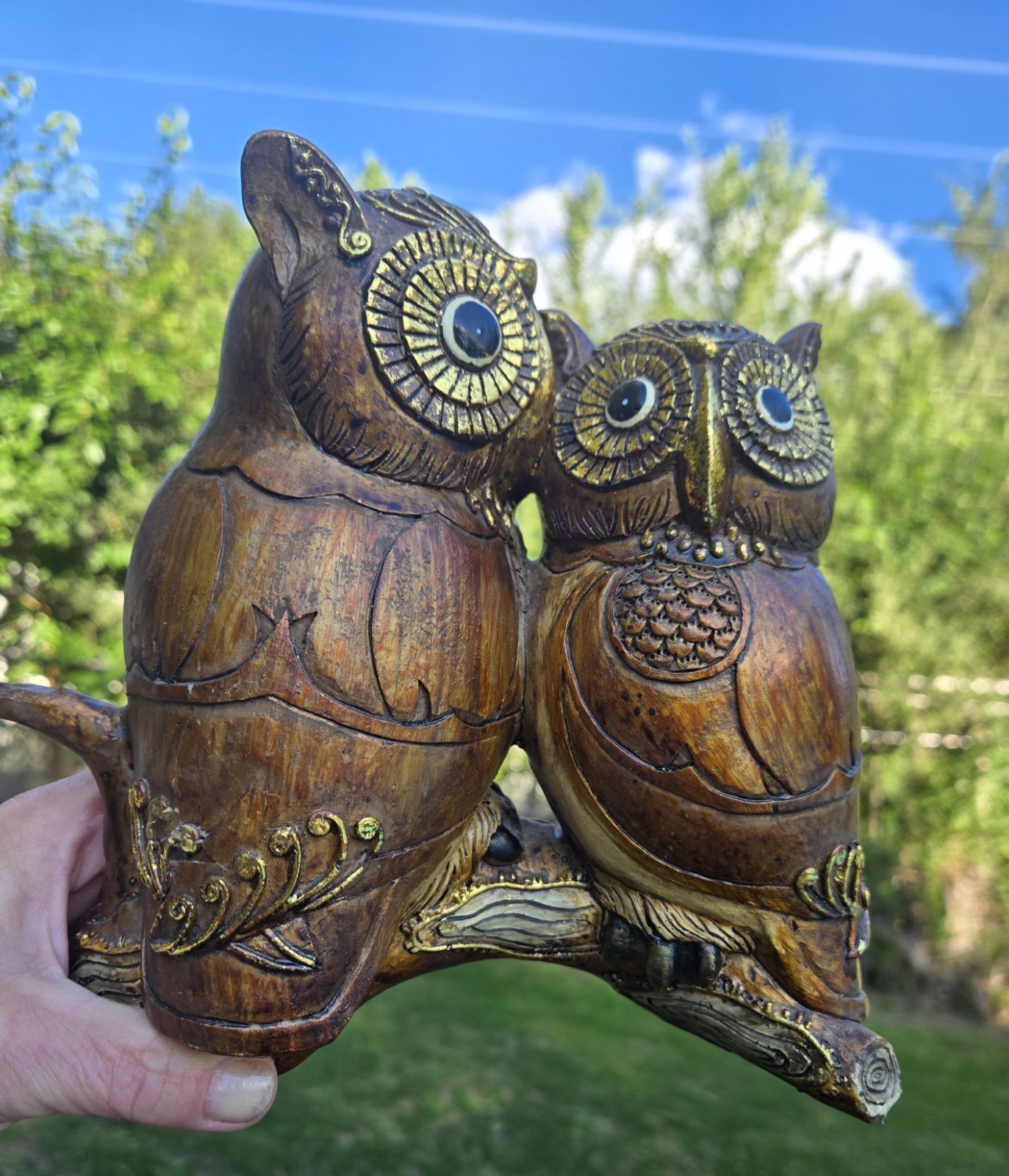 MCM Solid Hand Carved Wooden Double Owl Sculpture Gold & Mirror Embellished Boho
