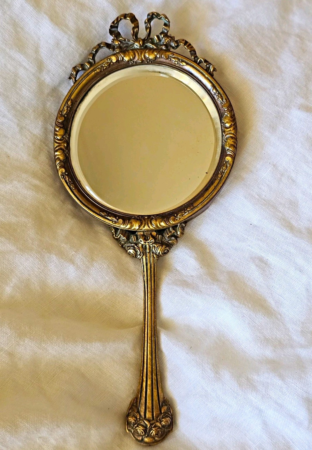Antique 19th Century French Bronze Handheld Vanity Mirror Bow Floral Handle