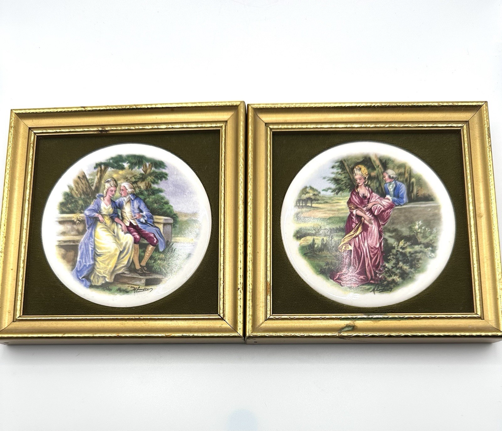 Pair Vintage 1971 Harleigh China Co Staffordshire Romance Wall Plaques Framed