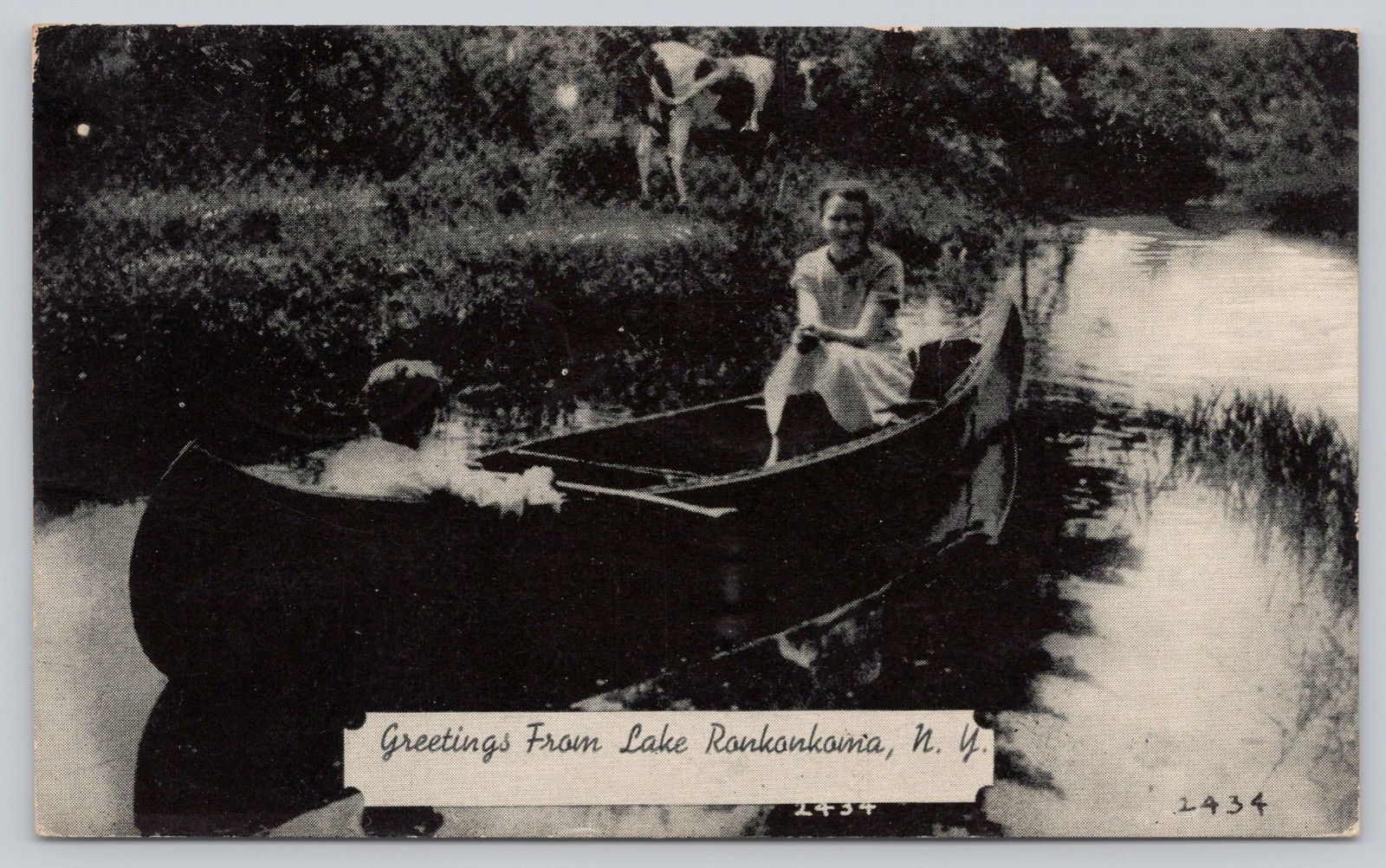 Greetings from Lake Ronkonkoma LI NY New York Postcard 1937 Women in Canoe
