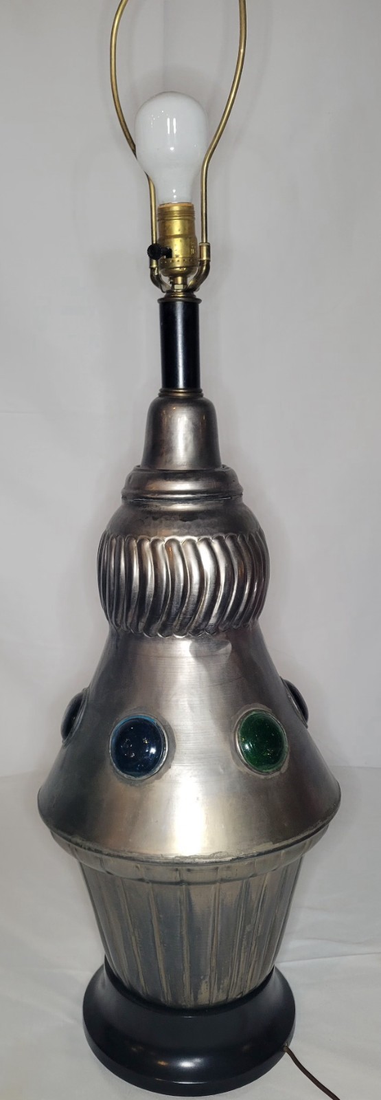Vintage 60s Wilshire House Moroccan Silver Jeweled Glass Cabochon Table Lamp