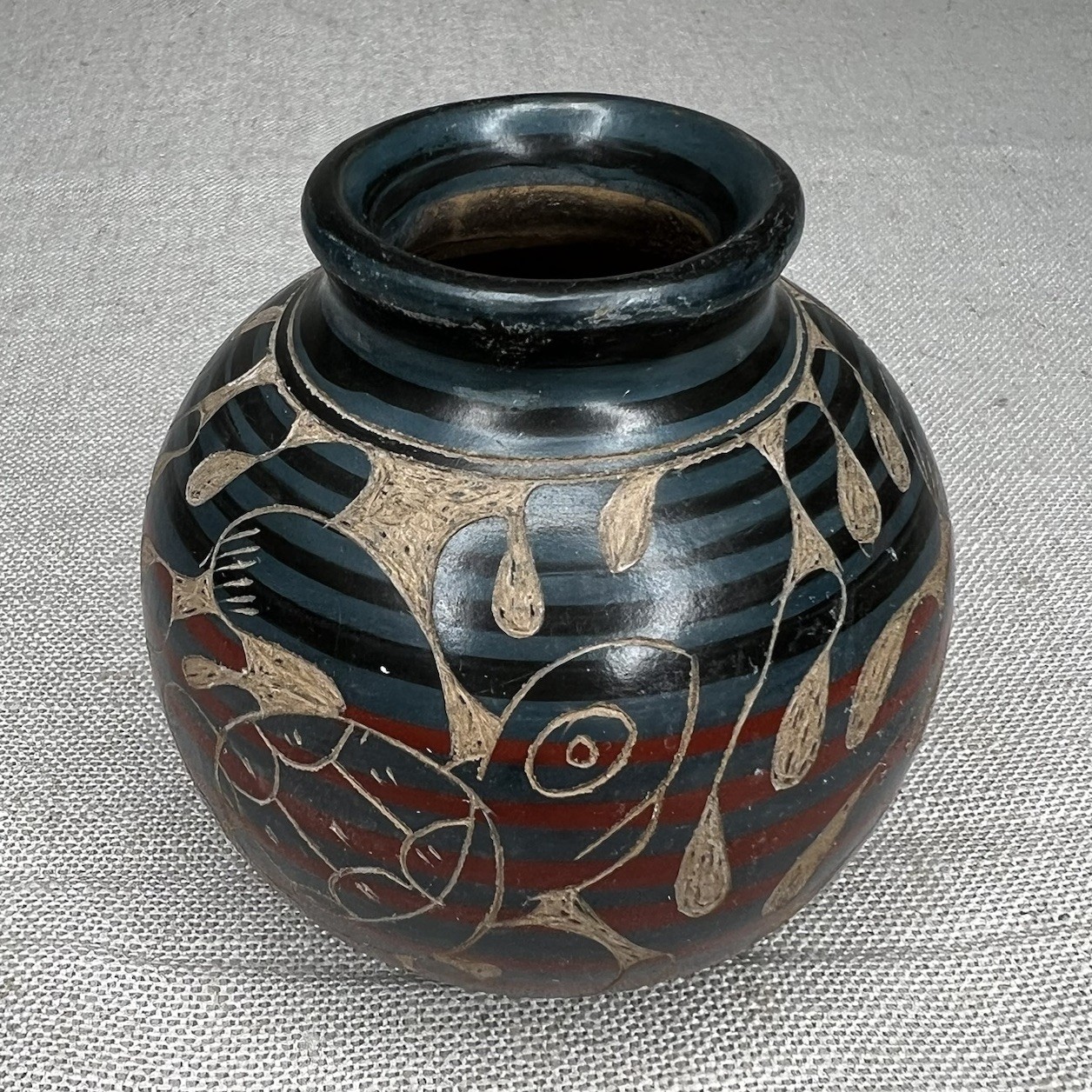 Vintage Clay Pottery Vase Carved Folk Art Turtles - Stoneware Etched Sea Ocean