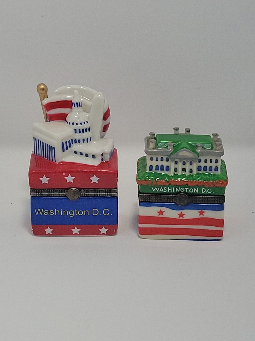(2) Miniature Porcelain WASHINGTON D.C Hinged Trinket Boxes Vintage/RARE