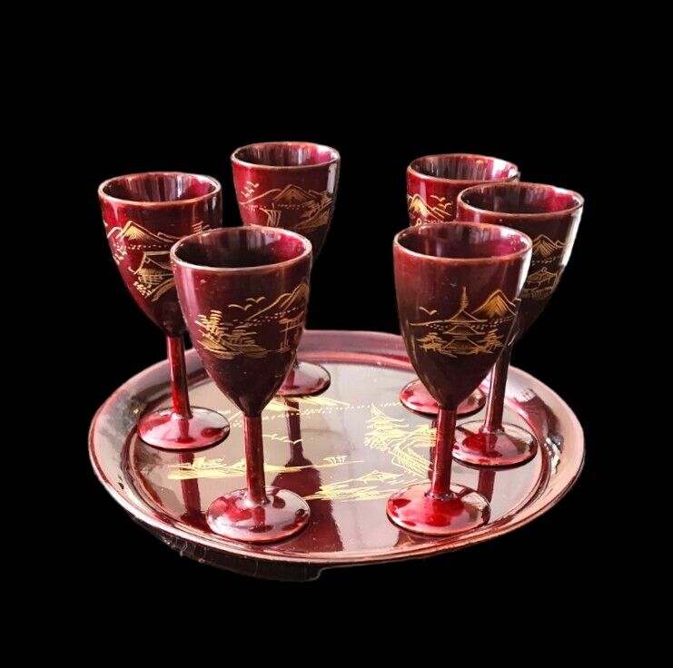 Vintage Red Lacquerware Set 6 Stemmed Sake Cordial Lacquer Goblets & Tray Japan