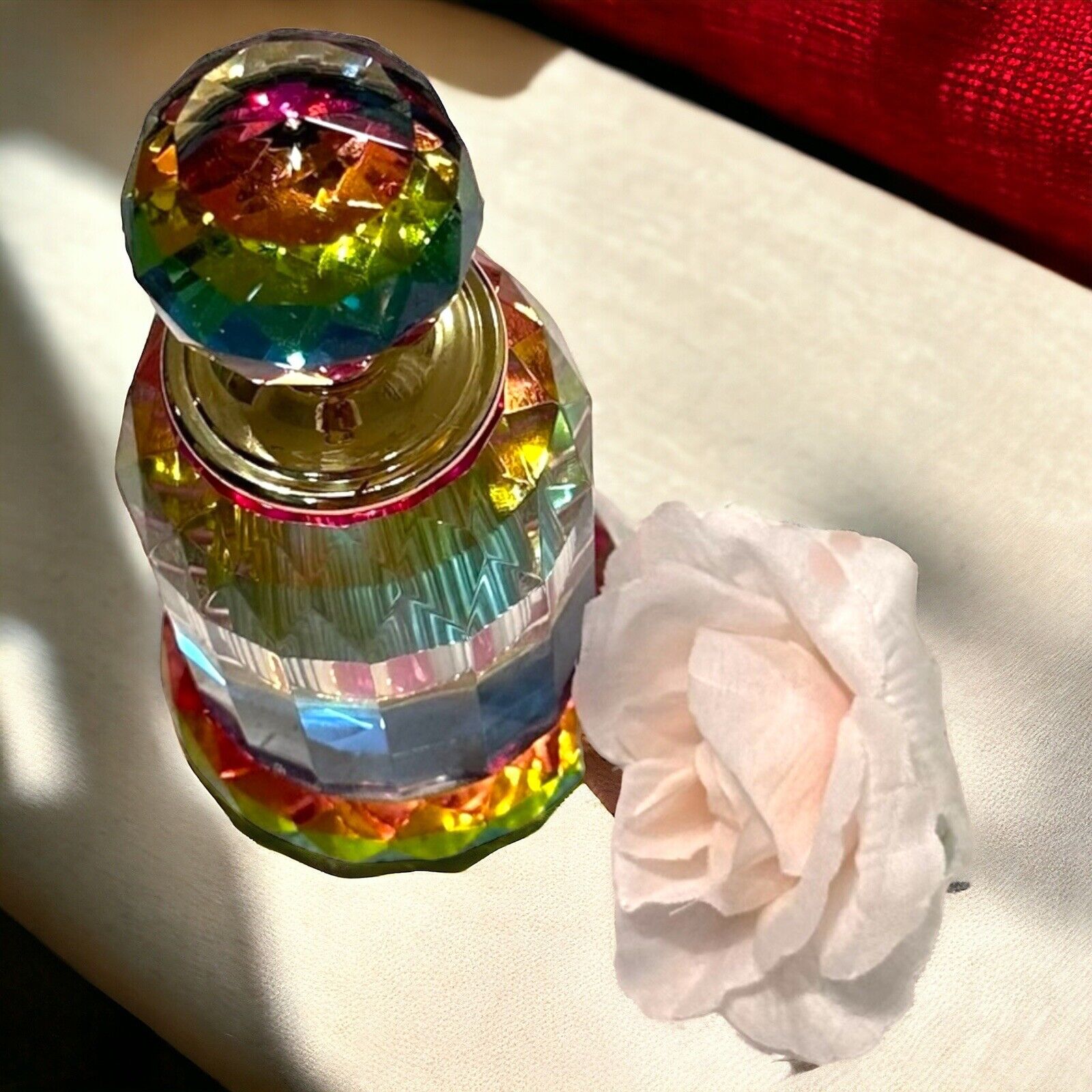 Vintage Aurora Crystal Facet Perfume Bottle & Screw On Round Crystal Prism Wand