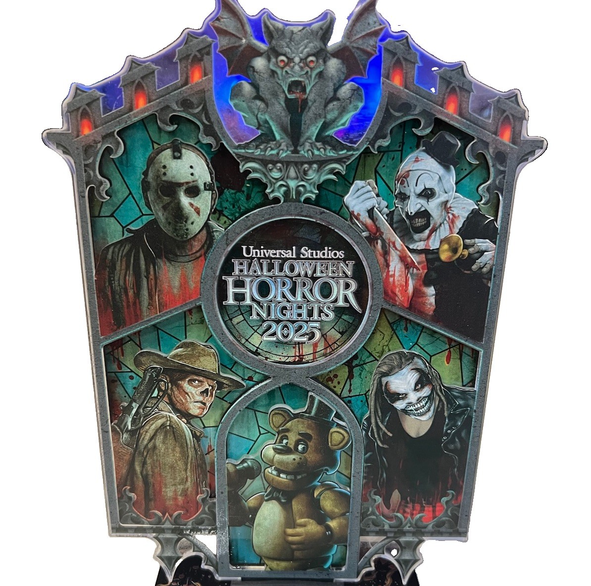 Universal Halloween Horror Nights 2025 HHN Stained Glass Sign Stand Complete Set