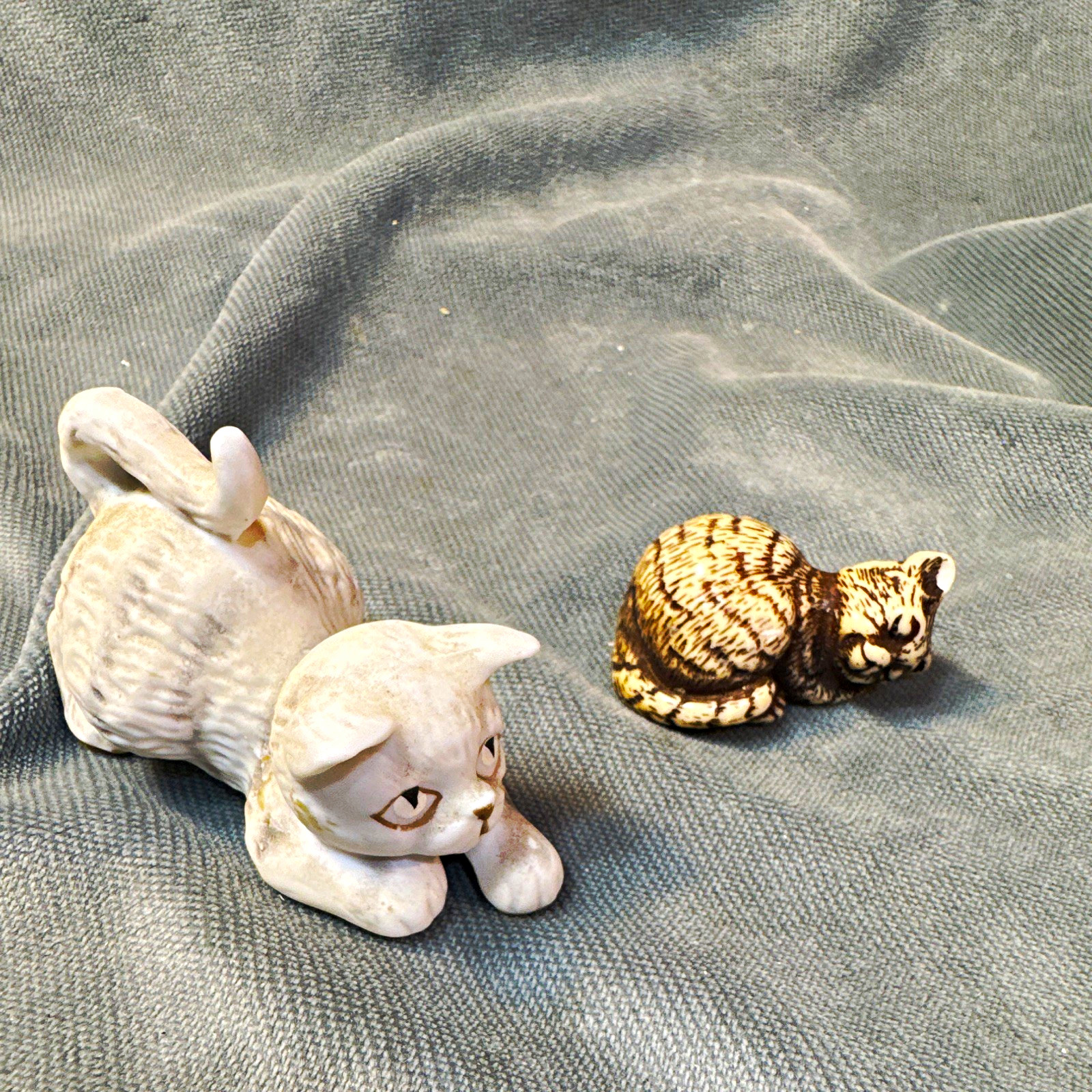 Cat Figurines, Lot of 2, White  (Porcelain)￼& Brown (resin) Sleeping Cats