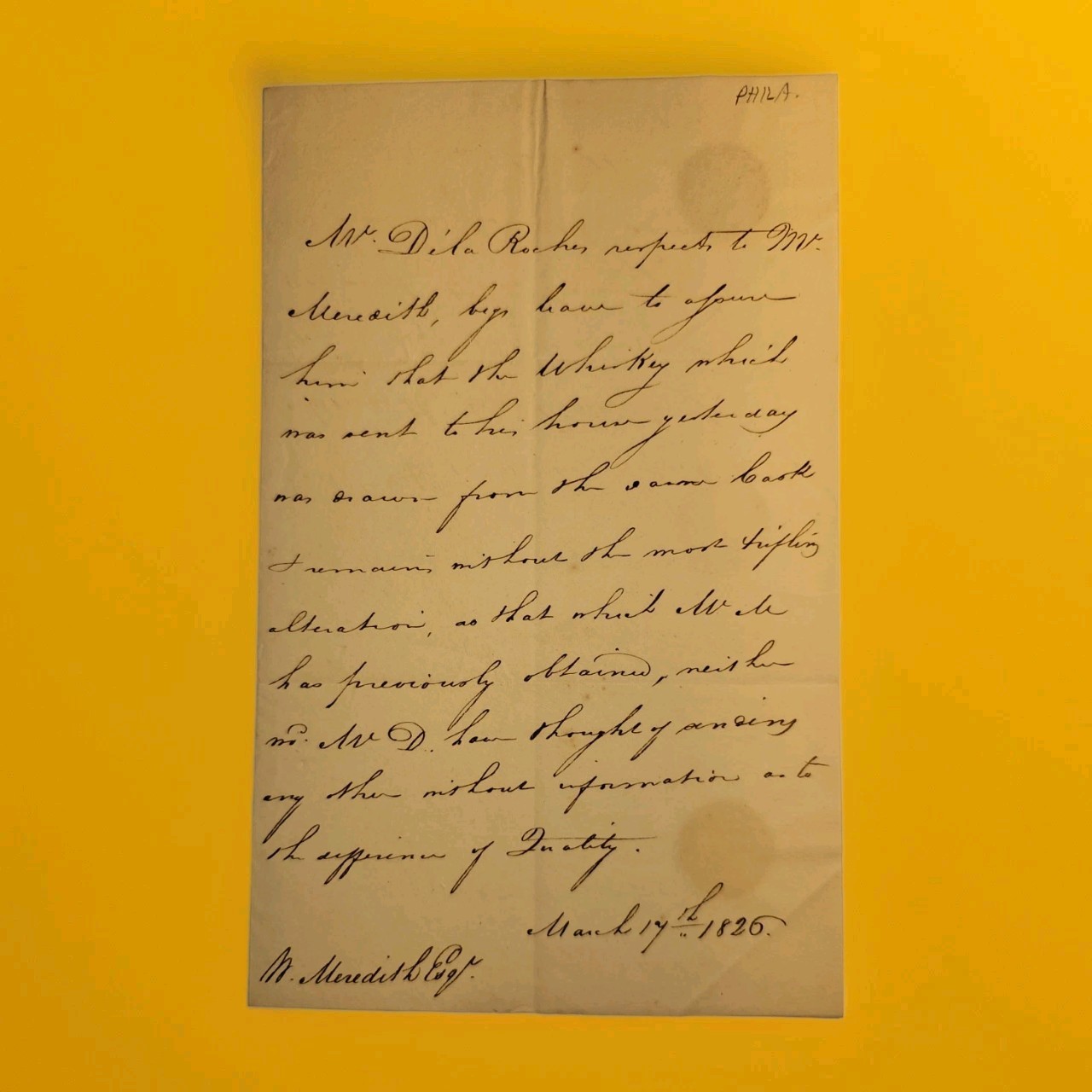 1826 Philadelphia Whiskey Letter Capt George de la Roche to William Meredith