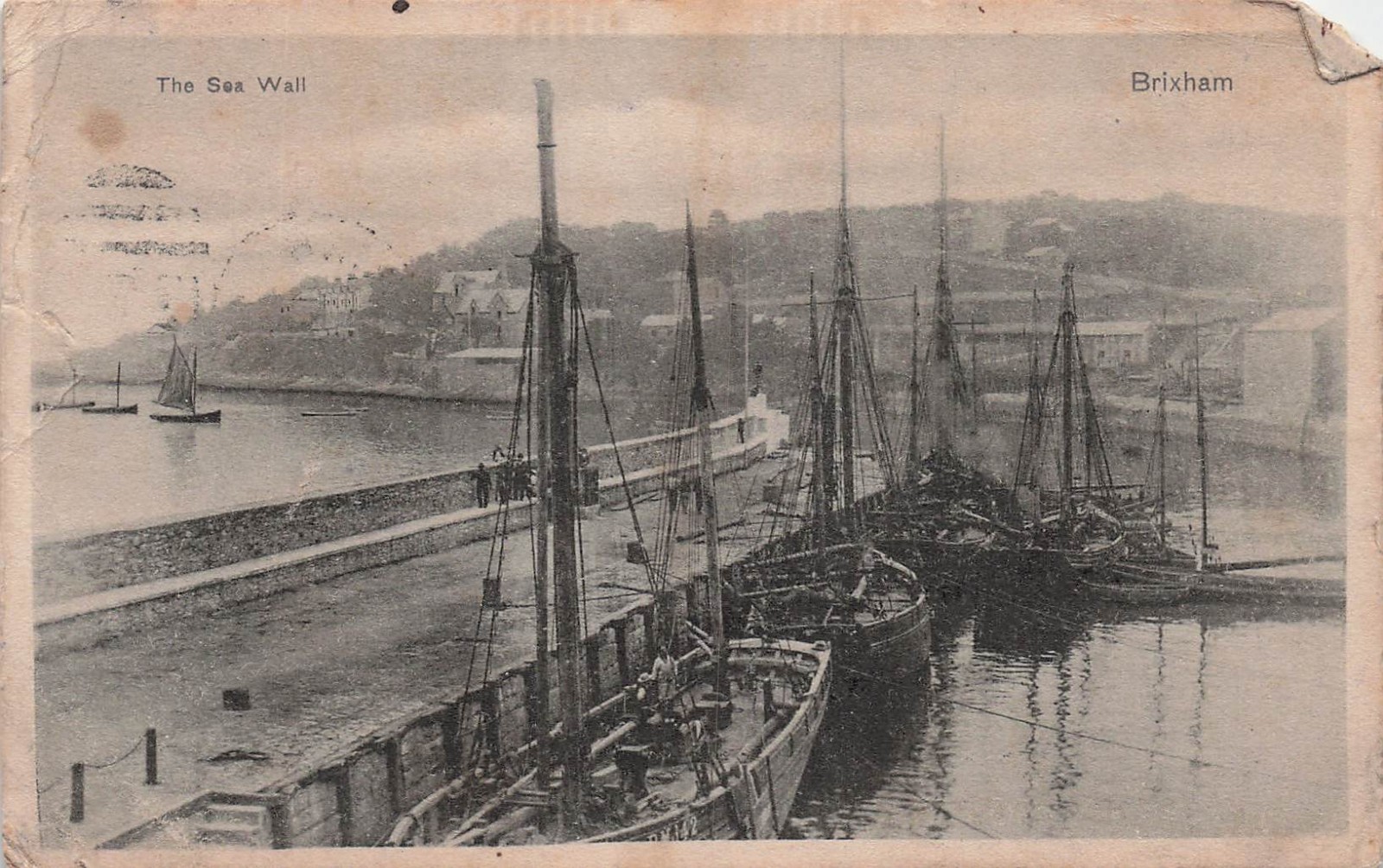 Brixham Devon England Sea Wall Fishing Boats UK USA Dual Stamp Vtg Postcard J55