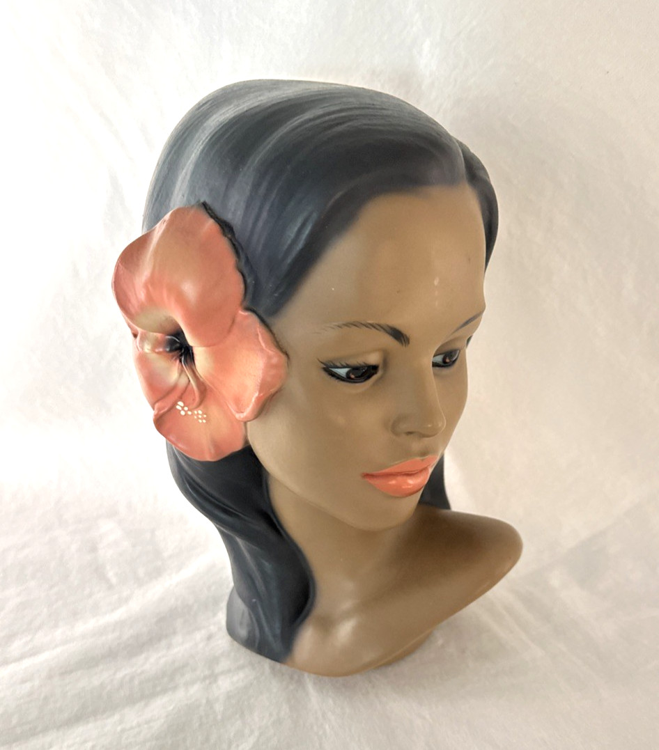 Vintage Marwal Chalkware Hawaiian Polynesian Woman Head Bust, Signed, 