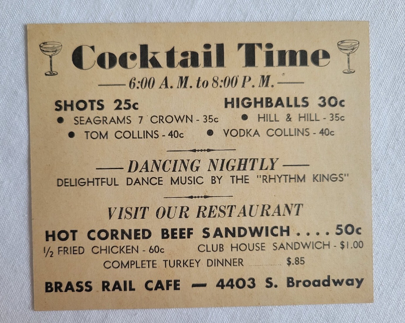 Vintage Advertisement Brass Rail Cafe 4403 S. Broadway Rhythm Kings Unknown Year