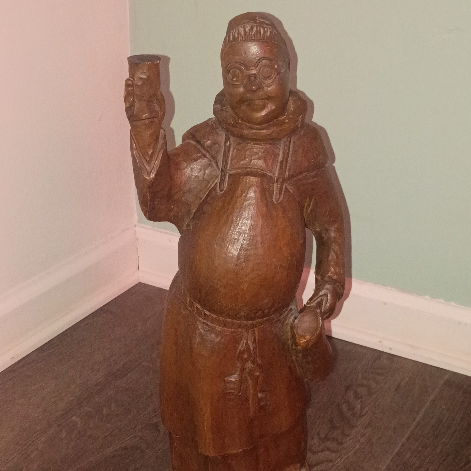 vintage hand-carved wooden figurine of a drinking monk.  20in Tall  7lb.4oz