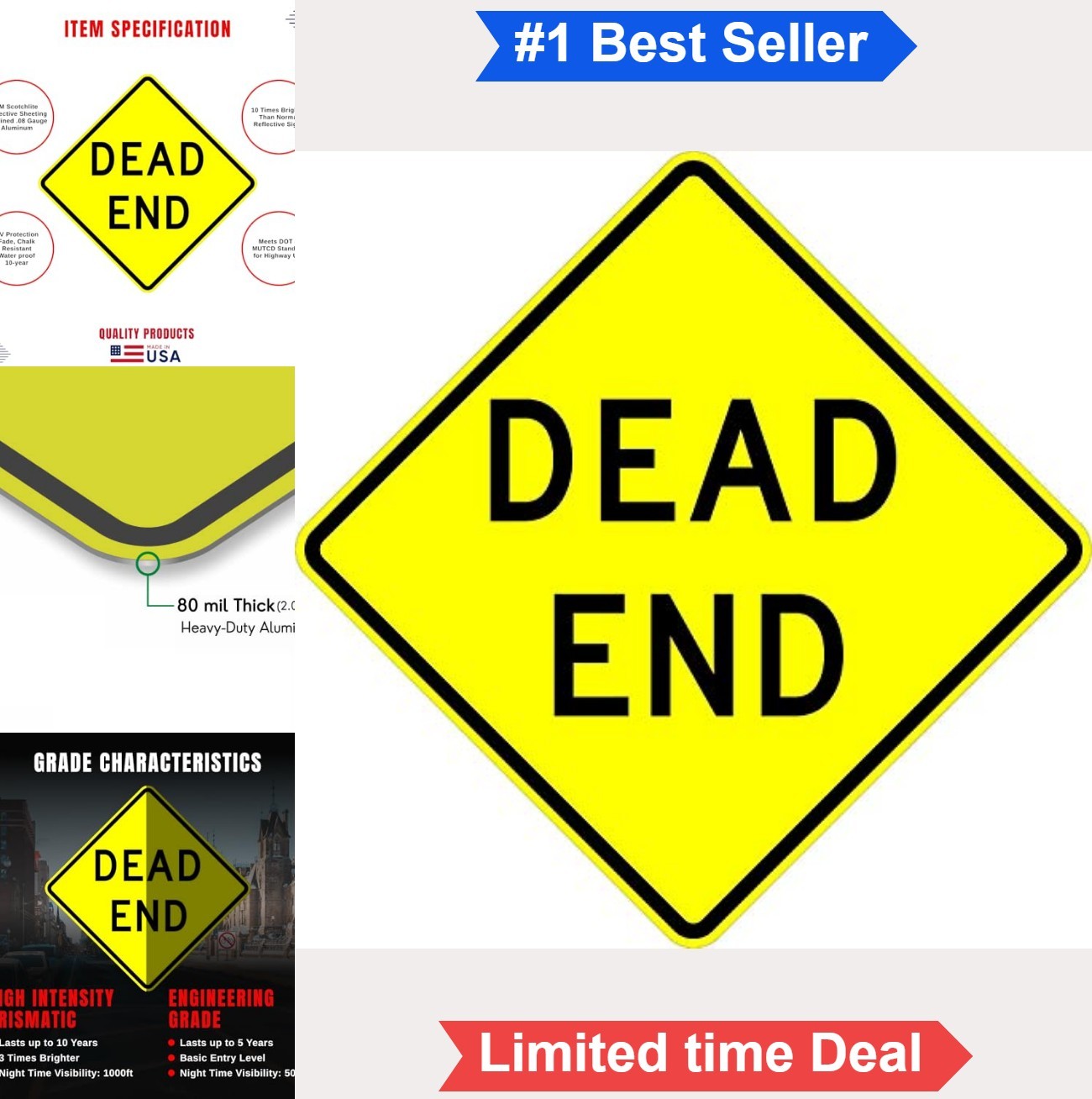 Dead End Sign 30 x 30 Aluminum Yellow Reflective Prismatic Sheeting Street