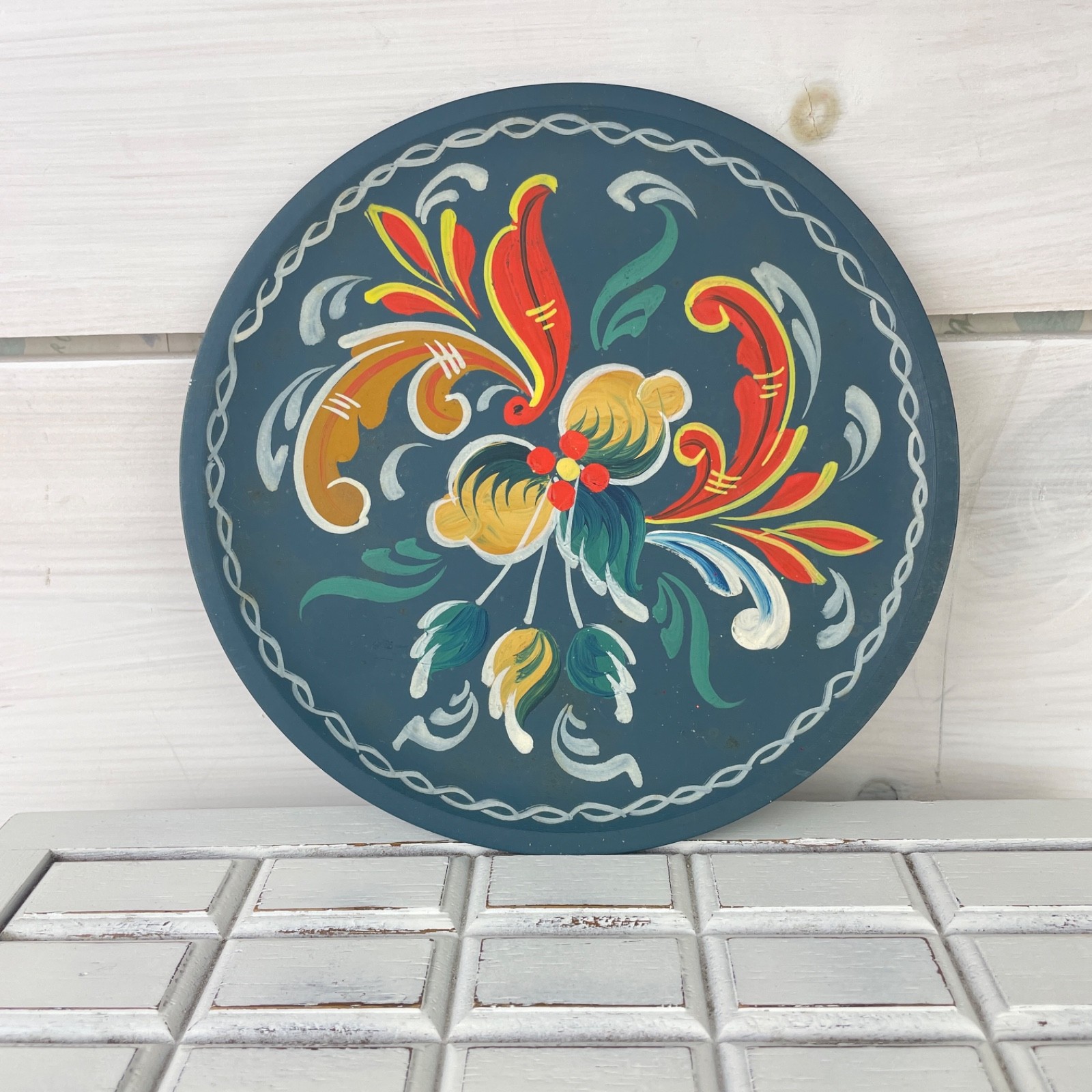 Vintage Norwegian Folk Art Blue Hand Painted Rosemaling Decorative 6.5