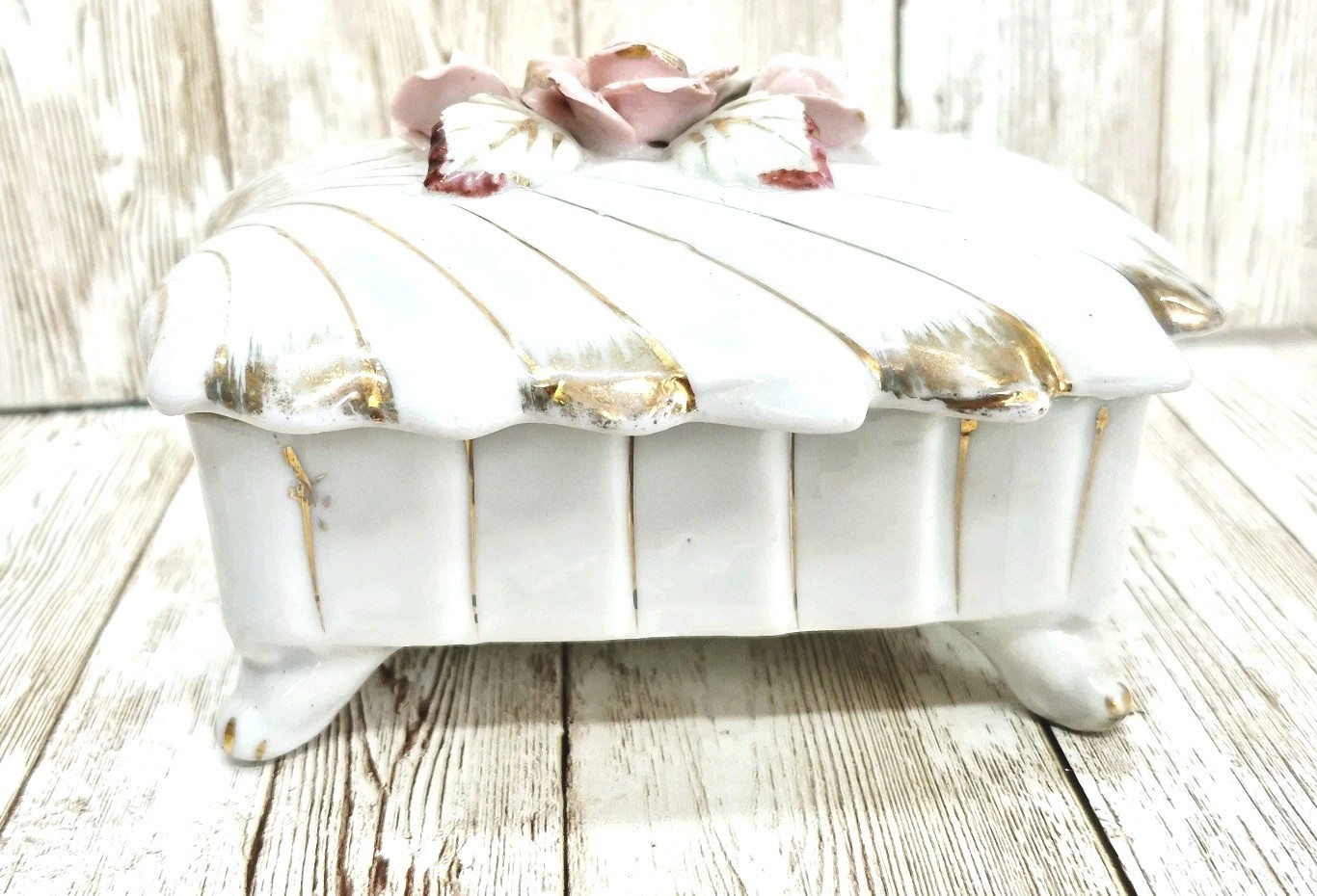 Vintage Porcelain Trinket Vanity Pink With Gold Vintage Footed