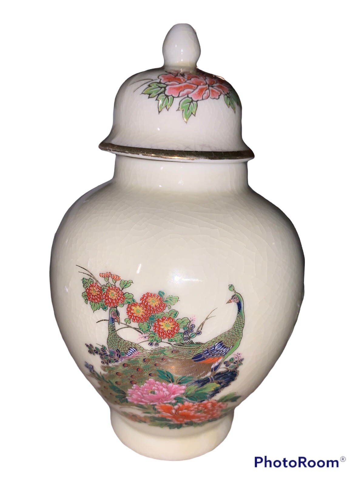 Vintage Small Crackle Glaze Oriental Peacock Ginger Jar Japan