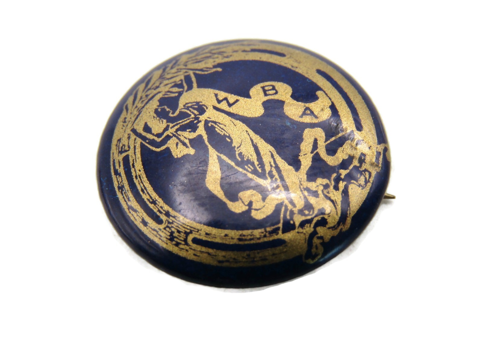 Vintage WBA Woman's Benefit Association Pinback Button Blue Enamel Gold Goddess