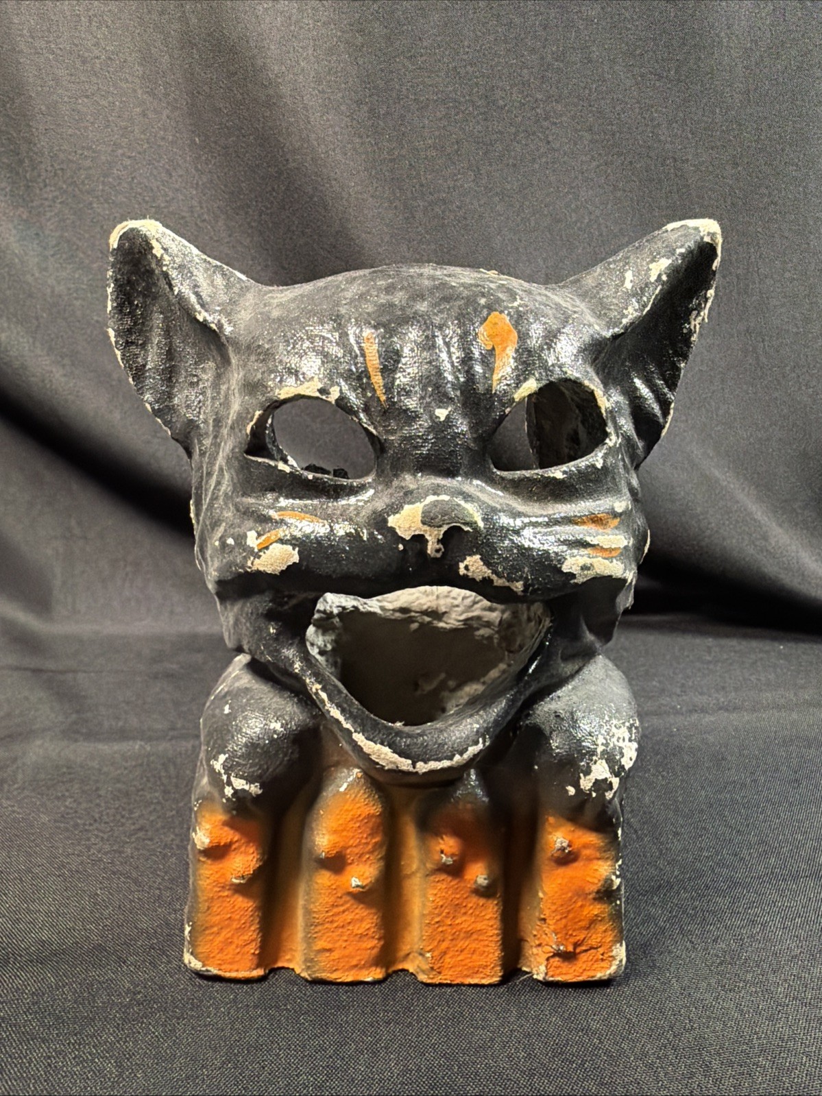 Vintage Halloween Paper Mache Black Cat on Fence Lantern 