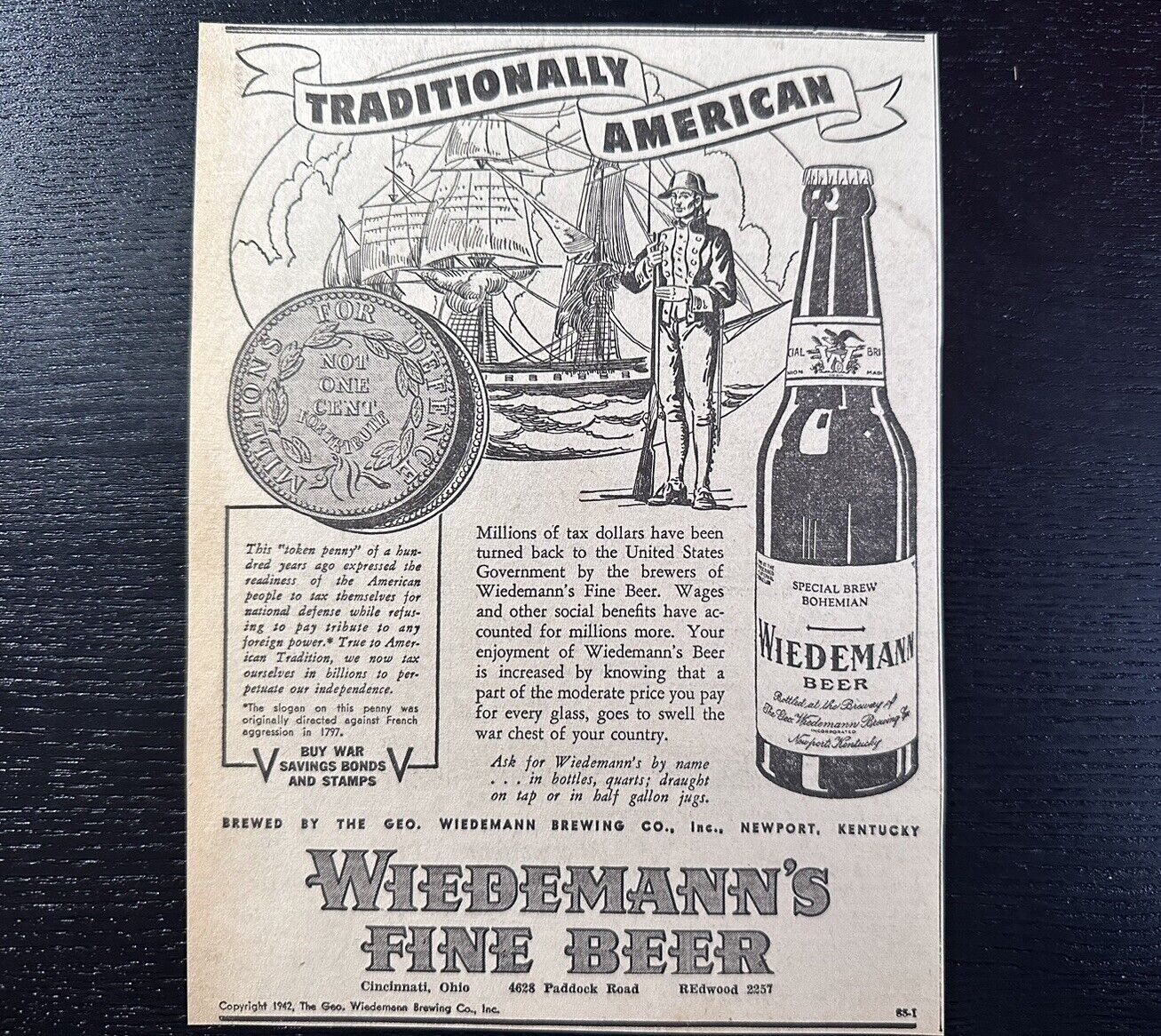 1942 Wiedemann Brewing Co Beer War Bonds Taxes Newspaper Ad WWII WW2 Newport KY