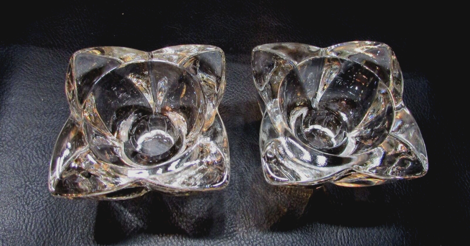 Pair Old Clear Crystal Glass Square Blossom Tapered Candlestick Candle Holders