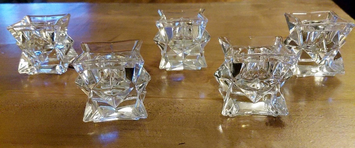 (5) 24% Lead Crystal Diamond Cut Taper Candle Holders Stackable Made In USA