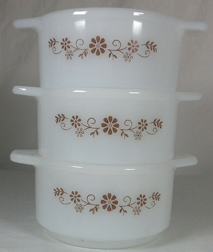 Dynaware Pyr-O-Rey Milk Glass/Brown Flowers Set of 3 Casserole Bowls