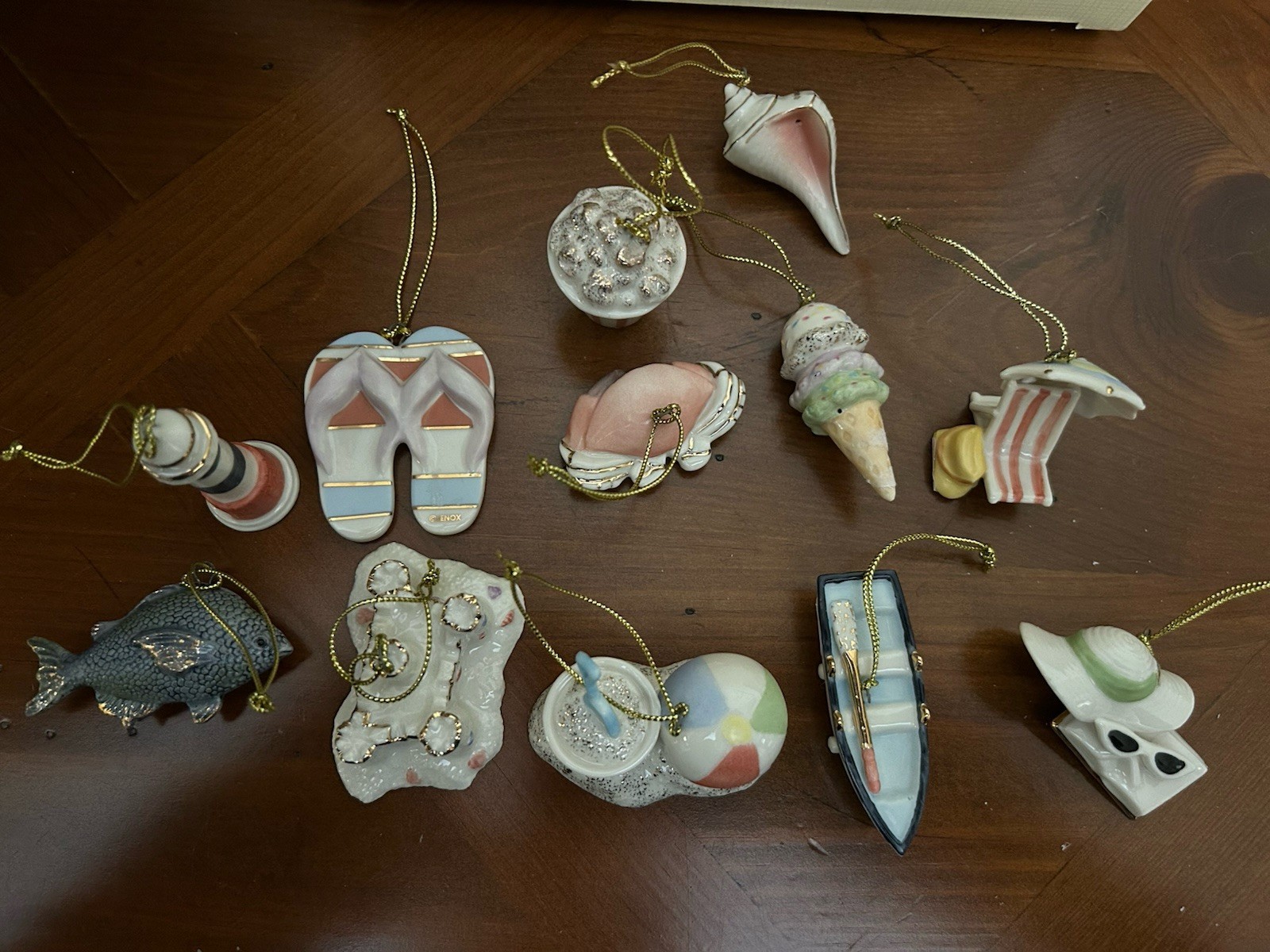 NIB LENOX Set of 12 Summer, Beach Porcelain Miniature Tree Ornaments MINT