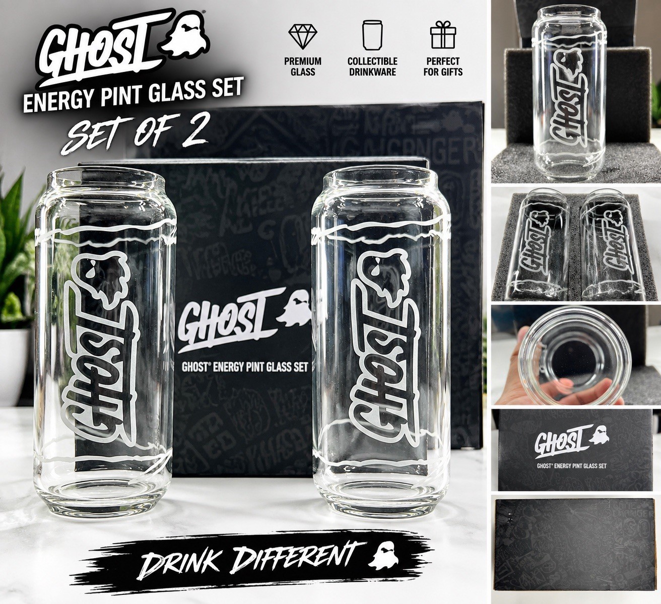 GHOST Energy Pint Glass Set of 2 Brand New Collectible Drinkware w/ Box RARE