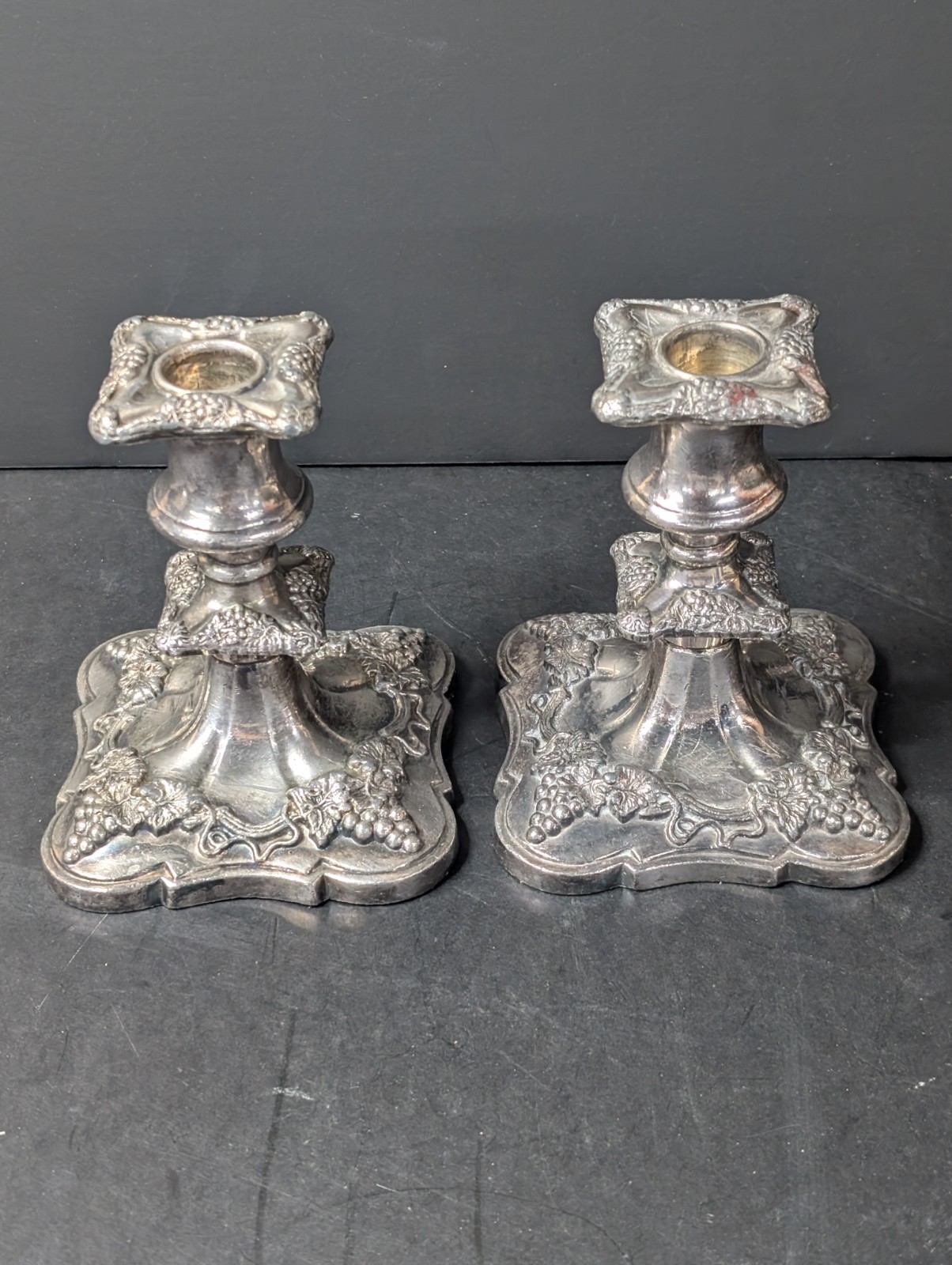 B.P. 2476 Ornate Grapevine Candlesticks Silverplate EP Lead Pair Vintage B.P. 2476 Ornate Grapevine Candlesticks Silverplate EP Lead Pair Vintage