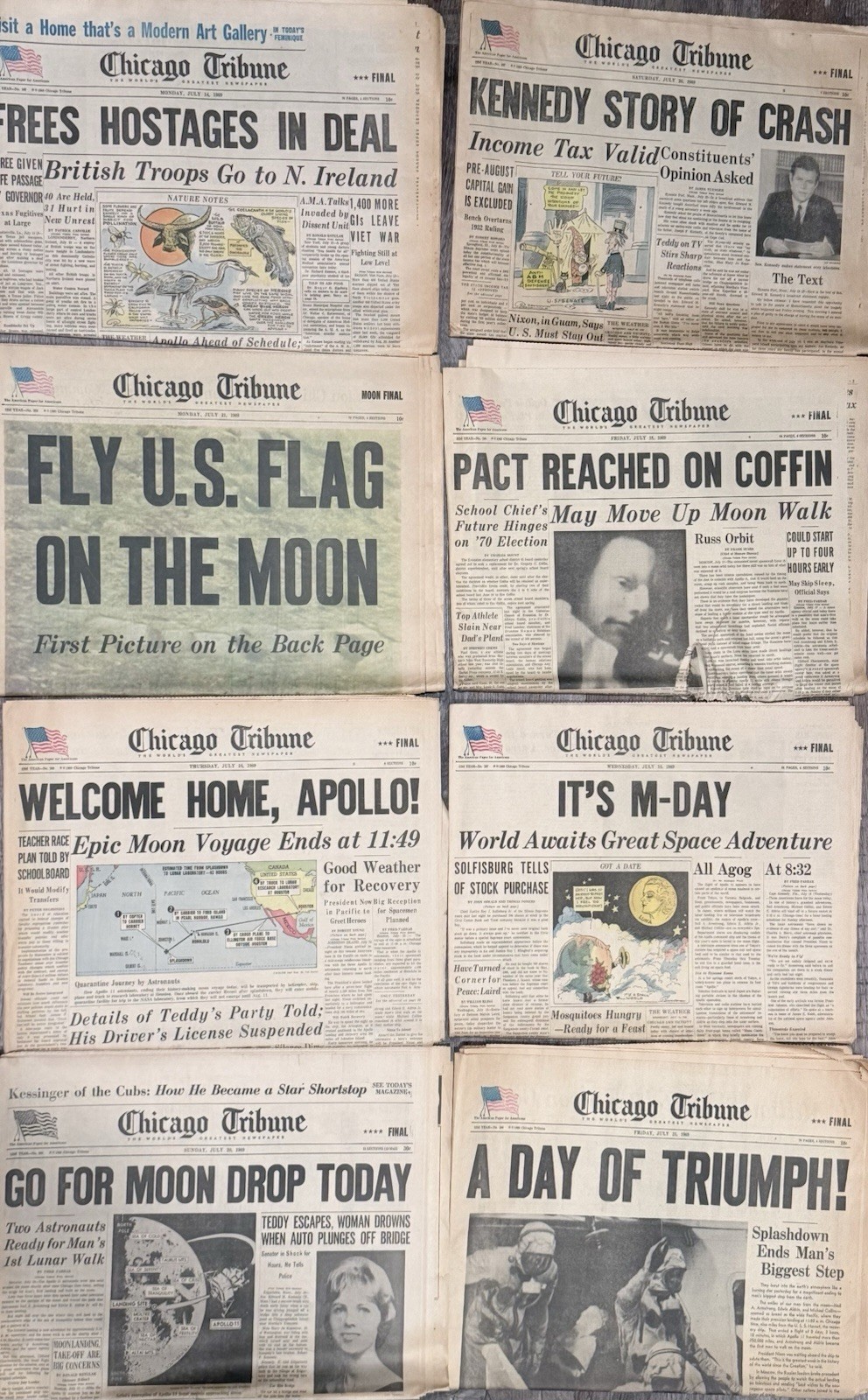 Lot Of 8 Original Chicago Tribune Moon Landing newspapers 1969 Apollo -Very Rare
