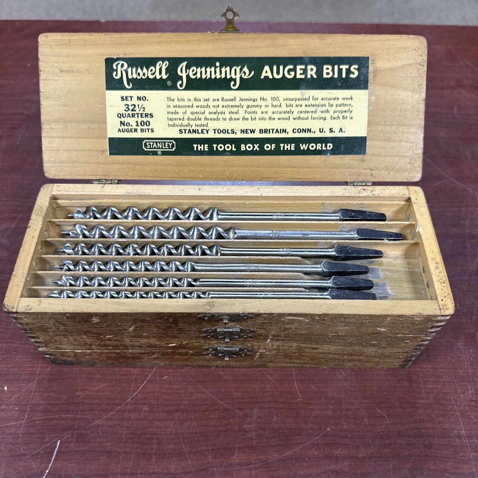 Stanley Russell Jennings 100 Auger Bits Set No 32 1/2 Original Wood Box Vintage