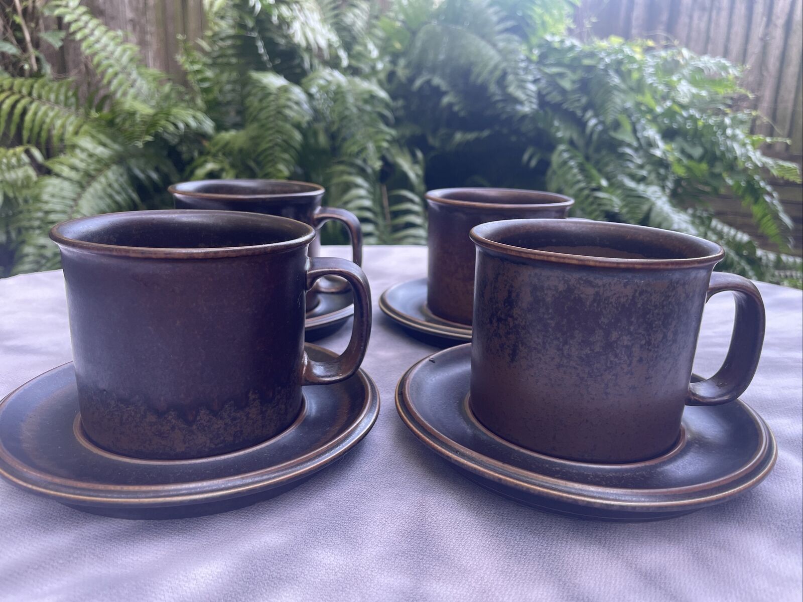 Arabia Ruska Brown 3 3/8 Inch Tall Beer Coffee Mug Set Of 4 W/ Saucers