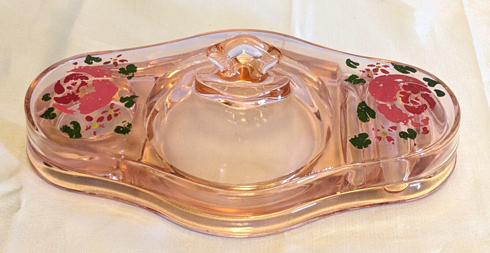 Vtg Antique Pink Depression Glass Vanity Makeup Powder Lidded Dish Painted Roses